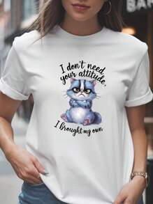 Women's  Don't Need Your Attitude, I Brought My Own Valentines Day T-Shirt, 220gsm Round Neck Casual Heavy Pure Cotton T-Shirt (1 PC) - 白色 - 查看 1