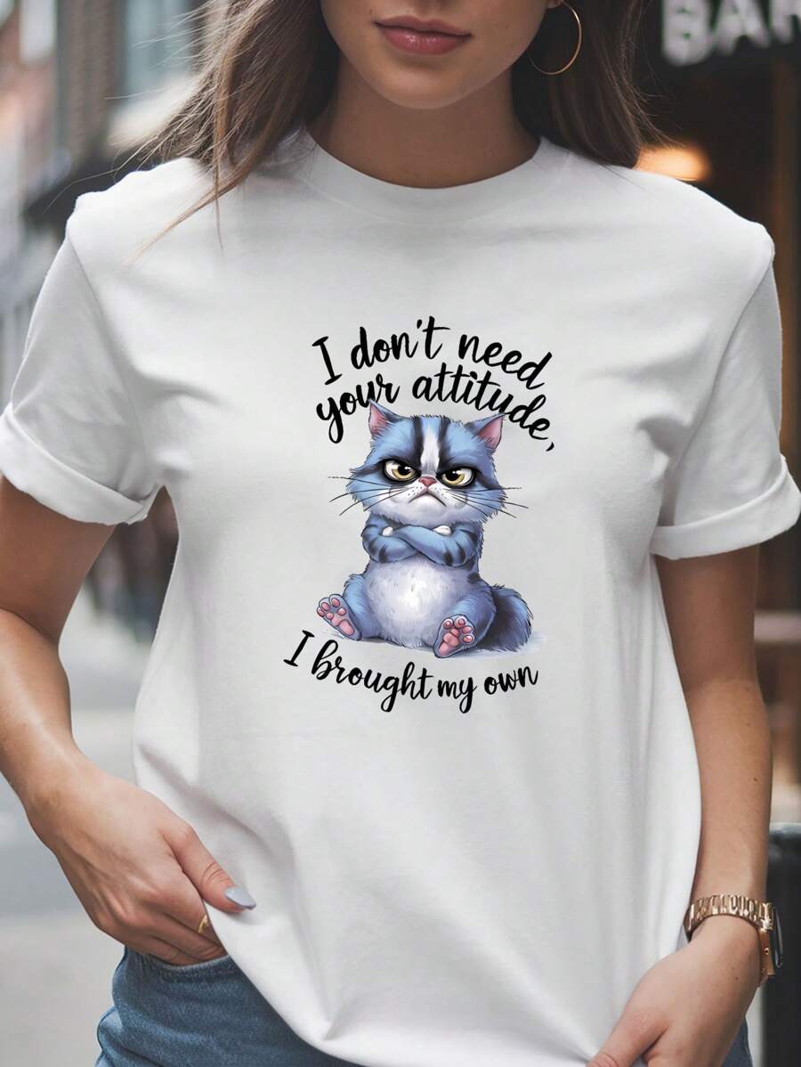 Women's  Don't Need Your Attitude, I Brought My Own Valentines Day T-Shirt, 220gsm Round Neck Casual Heavy Pure Cotton T-Shirt (1 PC) - 白色 - 查看 1