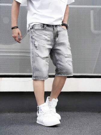 Shorts en jean mi-longs ajustés à jambes droites avec imprimé moustache gris pour hommes