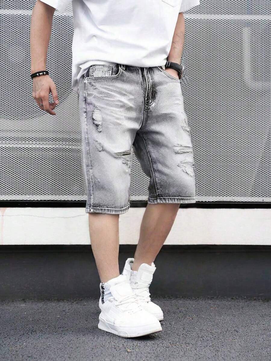 男式灰色胡须印花修身直筒中长牛仔短裤 - 灰色 - 查看 1