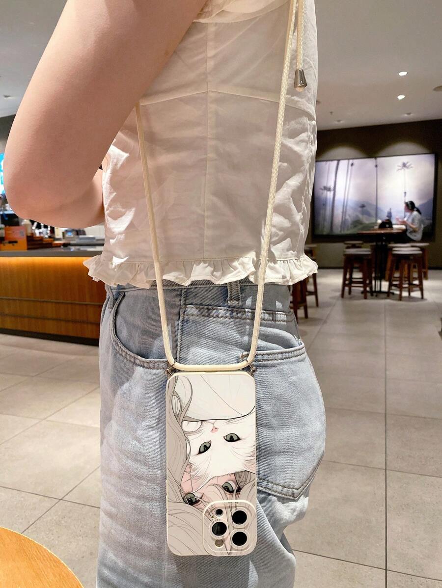 1个女孩猫咪相机装饰防震手机壳，带挂绳，兼容苹果、三星、Infinix、红米、OPPO、vivo、realme等品牌，国际版，非国内版 - 米色 - 查看 1