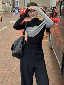 [Y6Y]女款秋季優雅高端T恤，黑灰配色拼接假領長袖修身短版上衣 - 黑色 - 查看 5