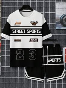 Men's Minimalist Letter Print Short Sleeve T-Shirt And Shorts 2pcs Sports Suit Set
