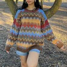 Women's Wavy Stripes Sweaters Long Sleeve Round Neck Loose Pullover Fall Jumper Tops - Multicolor - View 1