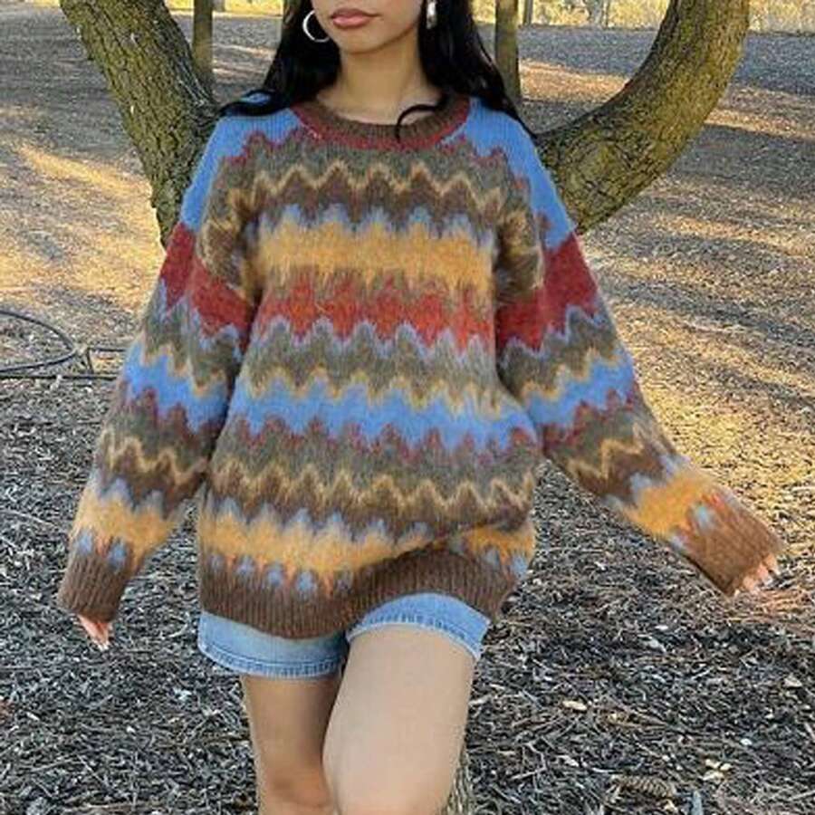 Women's Wavy Stripes Sweaters Long Sleeve Round Neck Loose Pullover Fall Jumper Tops - Multicolor - View 1