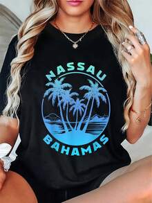 100% Cotton Casual Tshirt Nassau Bahamas Beach Vacation Souvenir T-Shirt - Black - View 1
