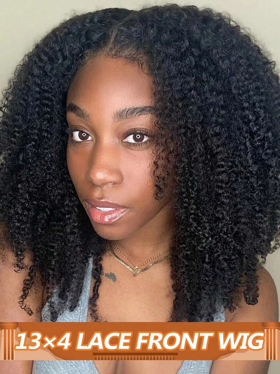 Afro Kinky Curly 13x4 Lace Front Wigs Brazilian Human Remy Hair Transparent Lace Frontal Wig 180% Density Wig Natural Black Suitable For All Women - Natural Black - View 1