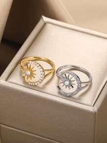 Gold Color Star Moon Zirconia Ring For Women Aesthetic Adjustable Open Finge Ring Jewelry Accessories ﻿