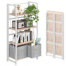 No-Assembly Folding Bookshelf Storage Shelves 4 Tiers Vintage Bookcase Standing Racks Study Organizer Home Office (Natural And White)