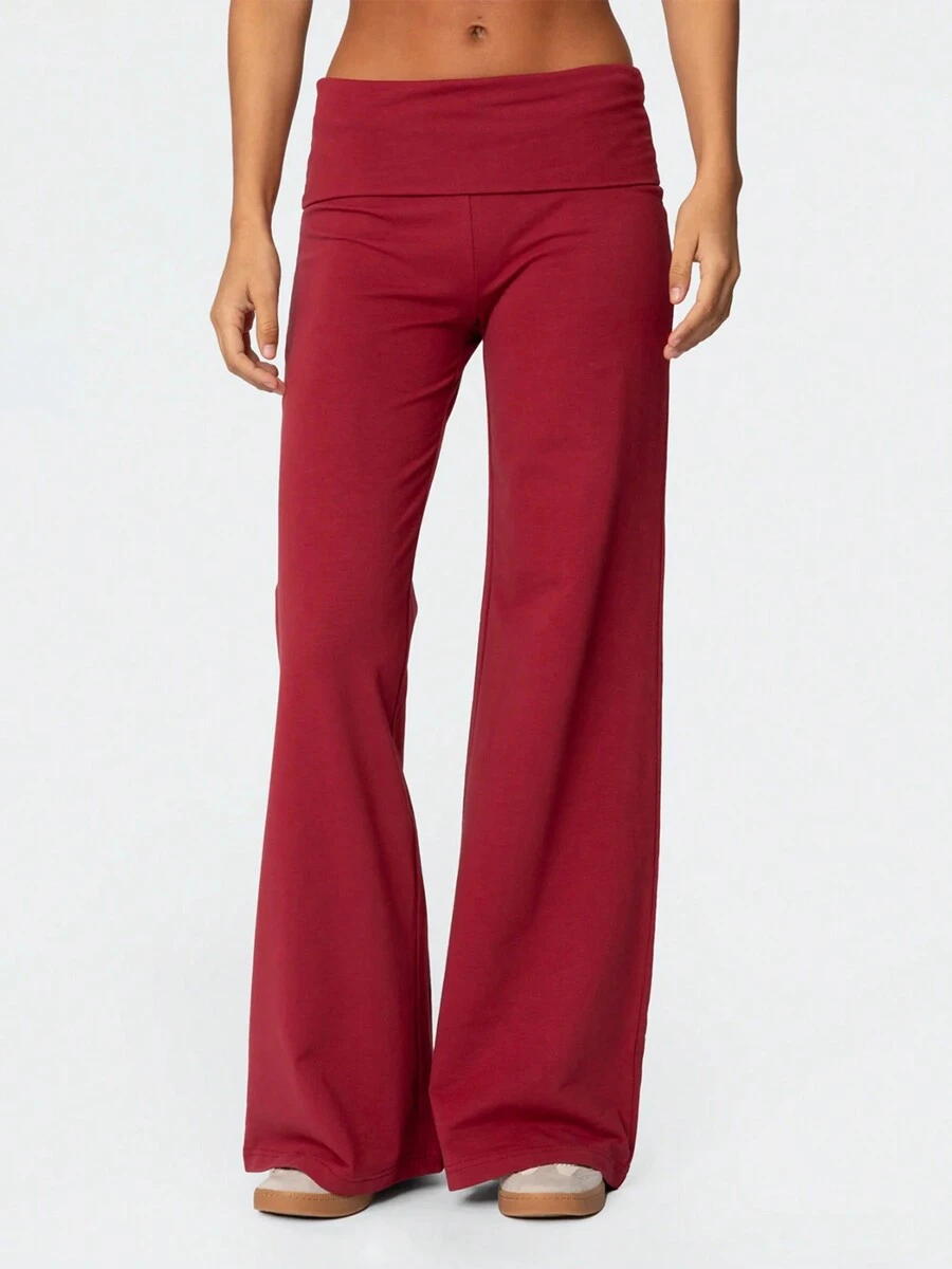 Women Y2k Palazzo Yoga Pants Fold Over Flare Leggings Low Rise Solid Color Stretch Casual Wide Leg Pants Comfy Lounge Pants Bootcut Bell Bottoms Baggy Sweatpants Streetwear - Red - View 1