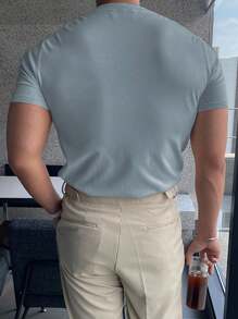 Áo chui đầu dệt kim tay ngắn màu trơn thường ngày cho nam, mùa xuân/hè - Màu xanh bụi bặm - Xem 3