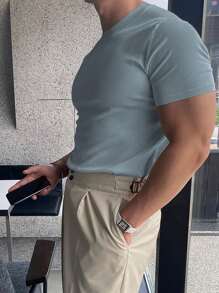 Áo chui đầu dệt kim tay ngắn màu trơn thường ngày cho nam, mùa xuân/hè - Màu xanh bụi bặm - Xem 4