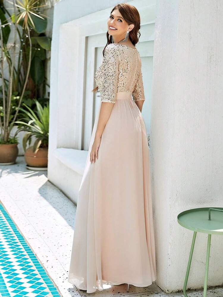 Contrast Sequin Bodice Chiffon Prom Evening Dress Elegant Formal Wedding Guest Gown, For Graduation, Dinner Party Dress