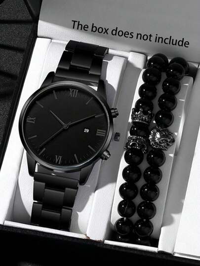 3pcs Fashionable And Versatile Men's Steel Strap Quartz Watch, Paired With Lion Crown Bead Bracelet Set, Suitable For Business, Parties, And Daily Wear, The Best Gift For Men.