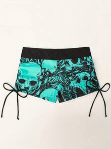 Skeleton Print Color Block Bikini Swimwear With Conservative Square Cut Bottoms, 2 Pieces Set - Green - View 6
