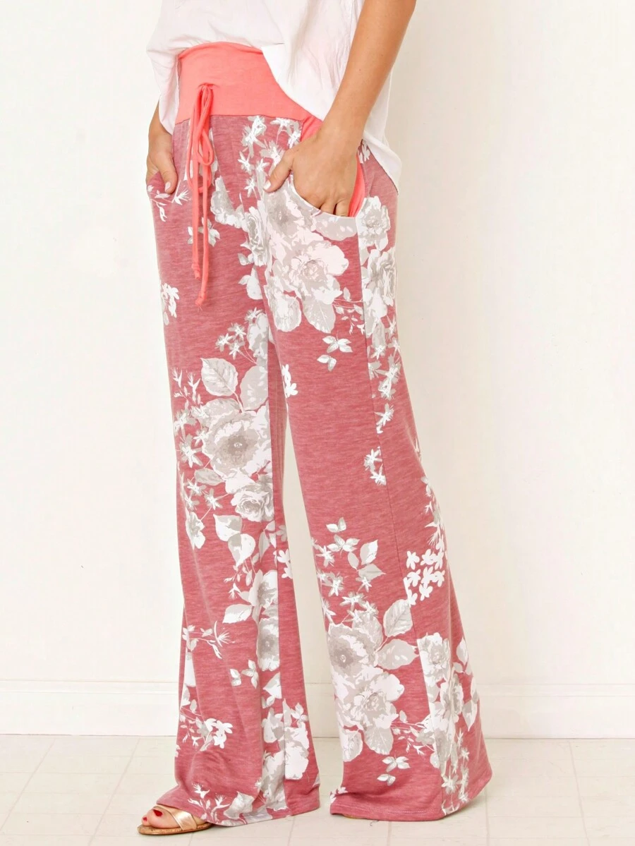 Boho Retro 90's Style Stripe Floral Drawstring Fold Over Band Wide Leg Lounge Pants - Red - View 1