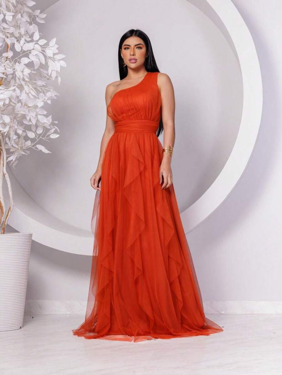 Women's Long Dress Mule Lame Without Shine Ruffles Skirt Fashion Summer Elegant Prom Party - Màu Cam cháy - Xem 1