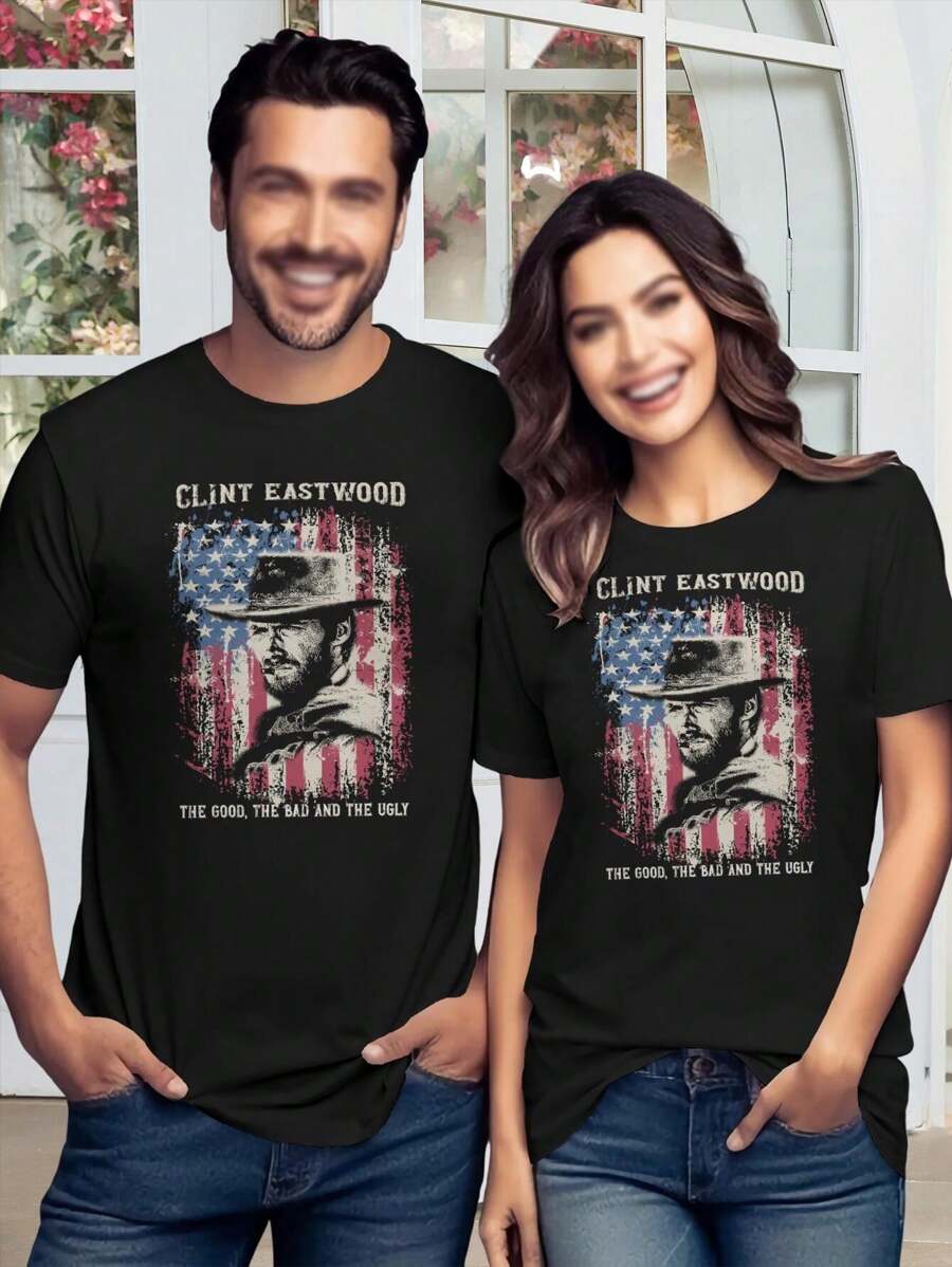 Vintage Distressed Clint Eastwood Lovers T-Shirt For Women | Couple Tees | Retro Style | Graphic Tee - Black - View 1