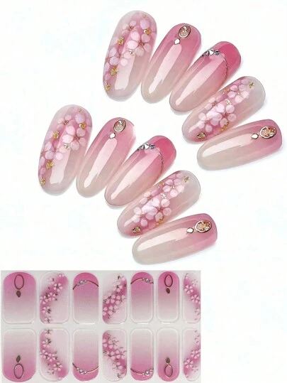 Women's Travel Party Outfit Pink Tie Dye Gradient Peach Blossom Gradient 3D Stereoscopic Plant Floral Jasmine Almond Nail Art Stickers