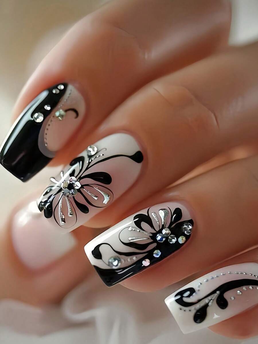 24pcs Spring/Summer Nail Stickers Set - Medium Square, Black & White French Stiletto, Decorated With 3D Rhinestones & Butterfly Patterns, Glossy Finish - Includes Jelly Gel And Nail File For Easy Application. Jelly Gel Shipped Randomly. Nail Art Supplies. - Black and White - View 1
