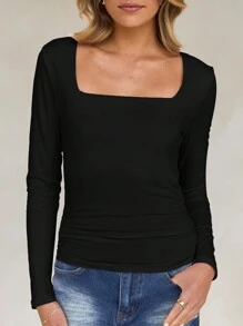 Vaiaye 女士春夏 Y2K 方领长袖修身 T 恤，纯色性感上衣，适合情人节穿着 - 黑色 - 查看 8