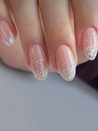 Instantly Upgrade Your Look With 24Pcs Almond Shape Press On False Nails Fashion Elegant Silver Glitter Pink Fake Nails Beautiful Glitter Gradient Watermelon Pink Fake Nails Full Cover False Nails For Women And Girls 1 Piece Of Jelly Gel+1 File Strip Jelly Gel Random Shipment Nail Supplies Nails