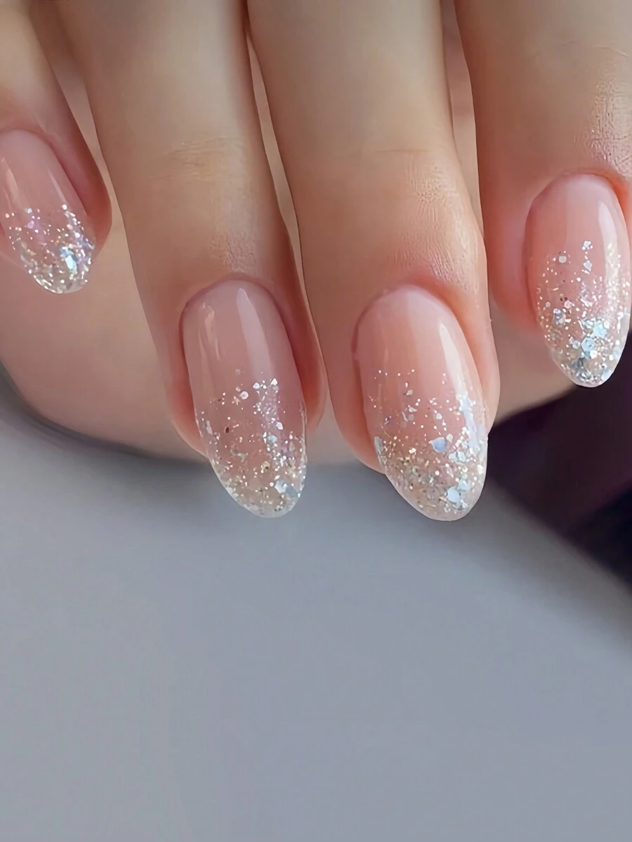 24 片杏仁形按压假指甲时尚优雅银色闪光粉色假指甲立即提升您的外观，美丽的闪光渐变西瓜粉色假指甲全覆盖假指甲适合女性和女孩，1 片果冻凝胶 + 1 条锉刀果冻凝胶随机发货美甲用品指甲 - 銀色 - 查看 1