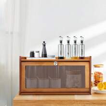 ZhdnBhnos Large Capacity Bread Box Kitchen Food Storage Box With Acrylic Window Home Wooden Bamboo Bread Box - Brown - View 3