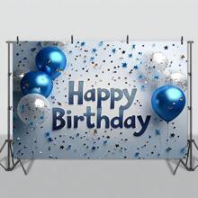 Shiny Blue & Silver Happy Birthday Backdrop - Multipurpose Polyester Photography Background, Suitable For Home Decor, Festivals And Events - 1pc - View 1