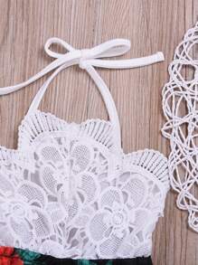 0-3 Years Old Toddler Fashion One-Piece Breeches, Sleeveless Halter Lace Top + Loose Printed Wide-Legged Shorts, Casual Jumpsuit, Cotton Blend Comfortable And Soft Fabrics - 黑色 - 查看 4