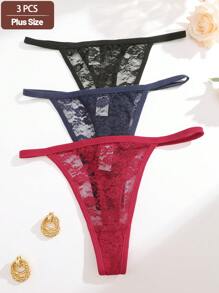 3pcs Plus Size Women's Sexy Lace Design Lingerie Set, Comfortable Solid Color Panties, Valentine's Day Theme - Multicolor - View 1