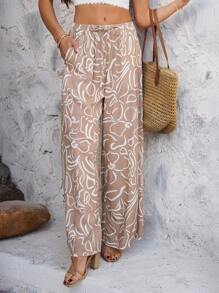 女式波西米亚印花宽松阔腿裤，休闲度假海滩度假长裤，春夏 - 咖底白線條 - 查看 6