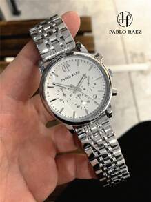 Pablo Raez Relógio masculino glamoroso de 1 peça, famoso, novo, luxuoso, em aço inoxidável SUS304, resistente à água até 50 m, com calendário, em metal sólido, aço pesado, temporizador, casual, moderno, de quartzo, para homens, com escala numérica arábica, ponteiros luminosos, preto, relógio de pulso empresarial de alto nível para uso diário, presente para pai ou amigo, Natal e Ano Novo