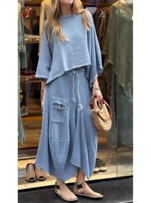 Womens 2 Piece Fall Outfits Oversized Batwing Long Sleeve Pullover Tops Lounge Irregular Maxi Skirt Sets With Pockets - 藍色 - 查看 2