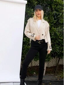 TRAFZA Women's Short Windbreaker Belt Long Sleeve Casual Coat Spring - Khaki - View 5