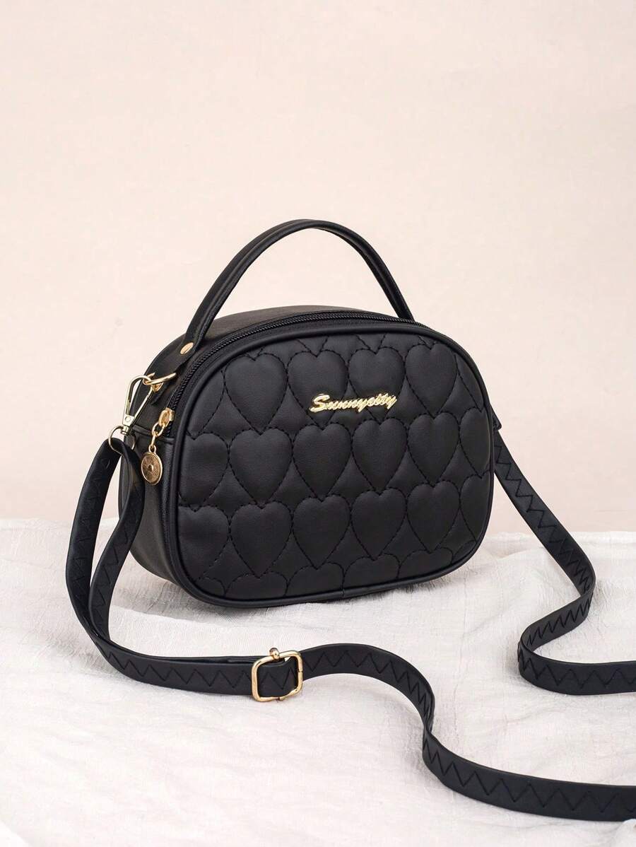 Women's Embroidered Shell Bag, Daily Casual Handbag, Rhombus Pattern Shoulder Bag - Black - View 1