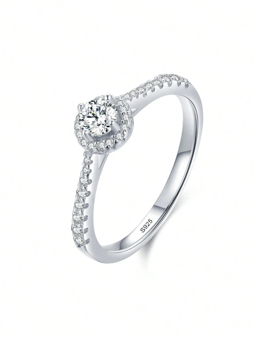 1pc 925 Sterling Silver Elegant Round Ring, Suitable For Wedding, Engagement And Other Occasions, Jewelry Gift - Silver - View 1