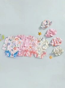 Traje de baño de manga larga con cuello alto y estampado floral/de conchas para niña, conjunto de 2 piezas con gorro - Rosa - Ver 2