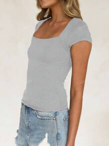 Vaiaye Women's Summer Solid Knitted Square Neck Sexy Slim Fit Y2K Cropped Waist T-Shirt