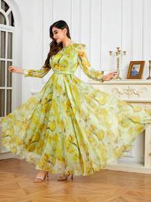 女式立领随机花卉印花，珍珠饰边袖口，系腰带优雅长袖连衣裙，奶油黄色 - 黃色 - 查看 3