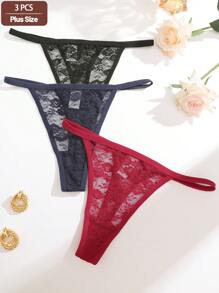 3pcs Plus Size Women's Sexy Lace Design Lingerie Set, Comfortable Solid Color Panties, Valentine's Day Theme - Multicolor - View 4