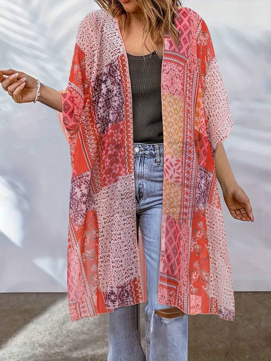 Patchwork Floral Print Kimono Top Plus Size Women Spring Summer Beach Side Split Cover Up - Multicolor - View 1