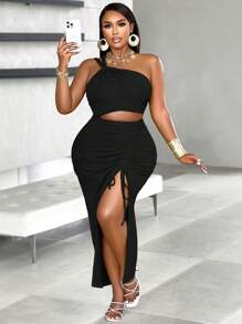 BIUBIU Women's Plus Size Sexy One Shoulder Twist Cut Out Tie-Front Ruched Split Thigh Vacation Dress - Black - View 1