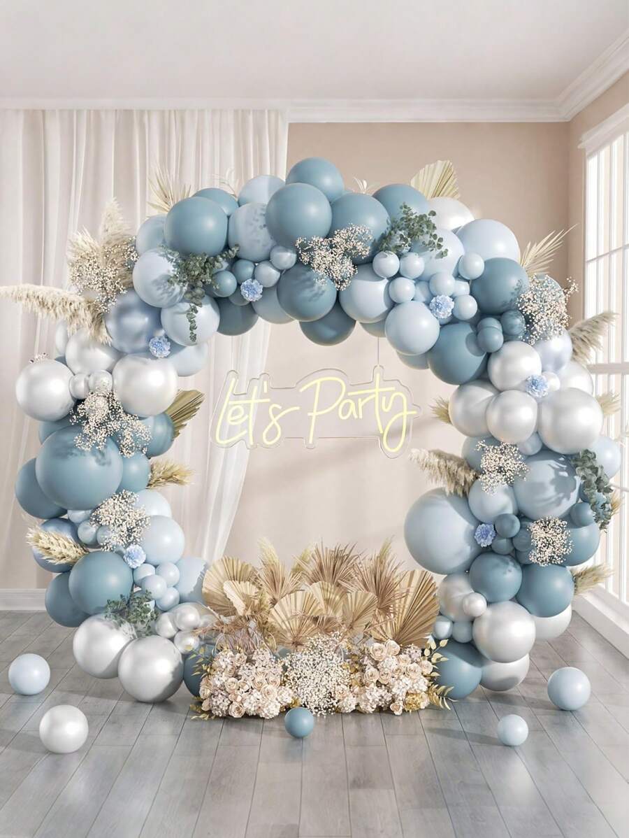 129 件银色浅蓝色哑光蓝色气球花环套装，派对背景装饰气球，乳胶气球，非常适合婚礼、新娘送礼会、生日、周年纪念、宝贝送礼会、性别揭示