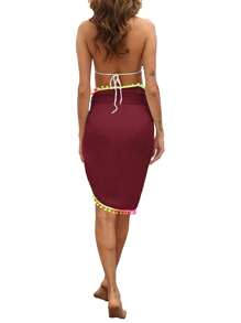 Women's Beach Sarong Coverups Short Bathing Suit Wrap Skirt Beach Wrap Swimsuit Cover Ups With Colorful Tassel - Đỏ sẫm - Xem 5