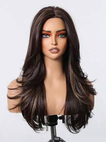 22 Inch Brown Highlight Long Layered Synthetic Wig For Women Middle Part Natural Looking Black Brown Wig For Girl Daily Party Wear