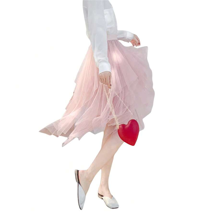 2025 Women's Sexy Solid Color Mesh Skirt, Irregular Elastic Tulle Bubble Skirt, Daily Life And Vacation - 粉色 - 查看 1