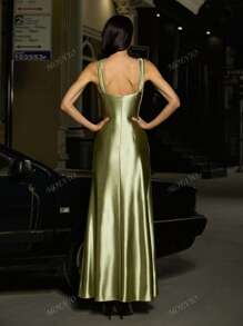 MOEVIO Vestido largo formal de seda con abertura frontal, espalda descubierta, tirantes asimétricos y drapeado, ideal para eventos de noche, fiestas, graduaciones y bodas en primavera y verano