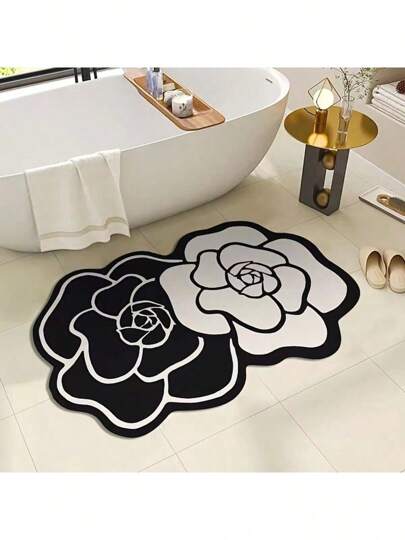 可水洗、花卉浴室垫、防滑浴室垫、浴室垫、快干、花卉图案、黑白山茶花浴室垫、柔软吸水垫、复活节装饰门垫/耐用/易于清洁/适用于客厅、卧室、入口、厨房、浴室、游戏室、书房；可水洗、地毯、地毯浴室厨房装饰