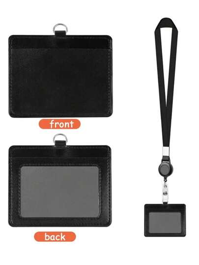 1Pc PU ID Card Holder Retractable Buckle Brand Access Card Holder With Lanyard Easy Pull Buckle Work Card Badge Black Fashion Office Worker Unisex Four Seasons Universal,School Supplies,Back To School